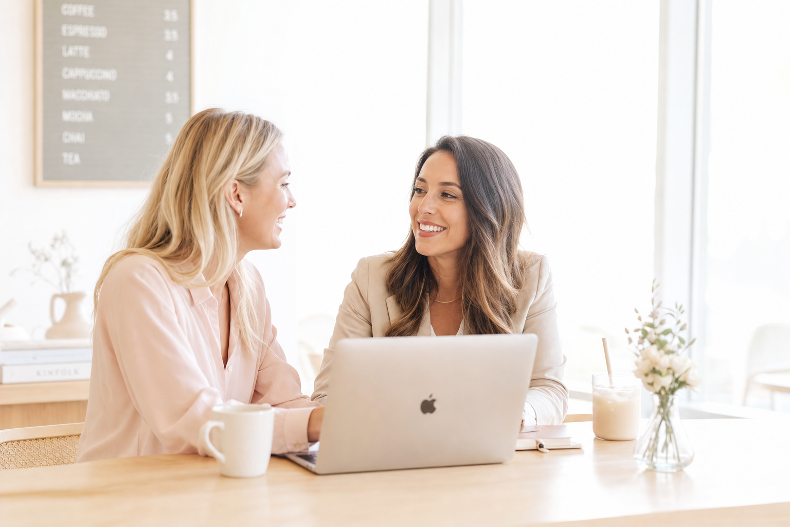 Two women chatting at a bright, airy workspace