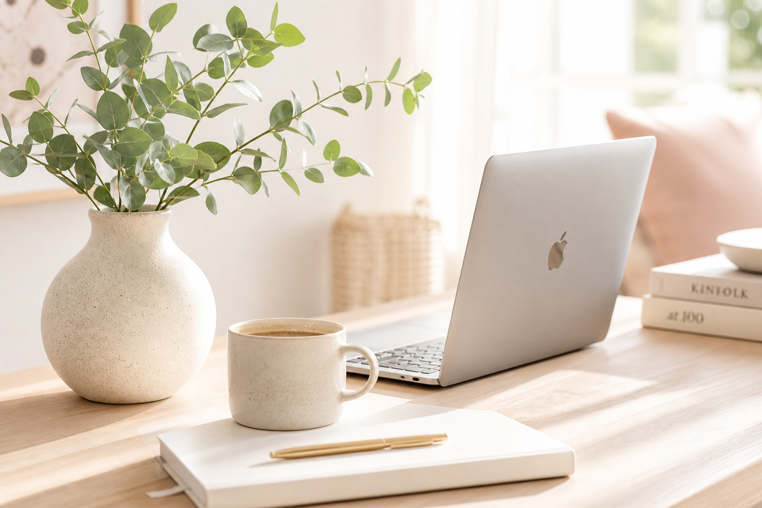 Bright desk with laptop, vase of greenery, coffee and notebook