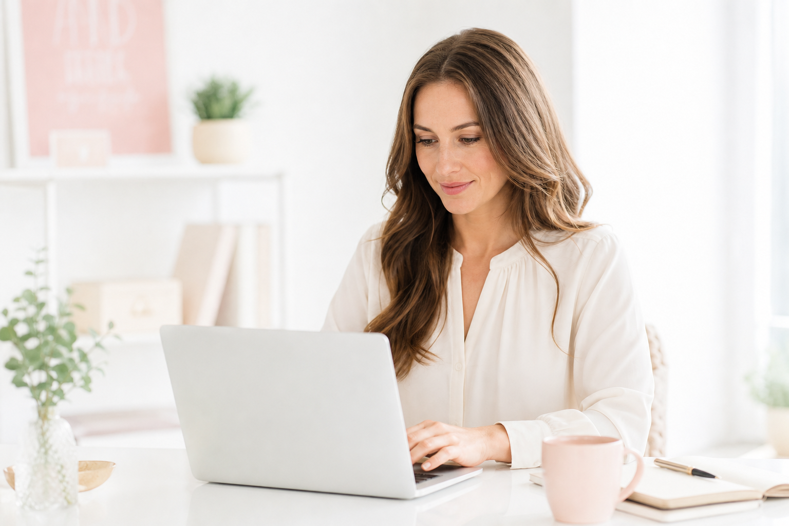 Woman working on laptop in a bright, white workspace