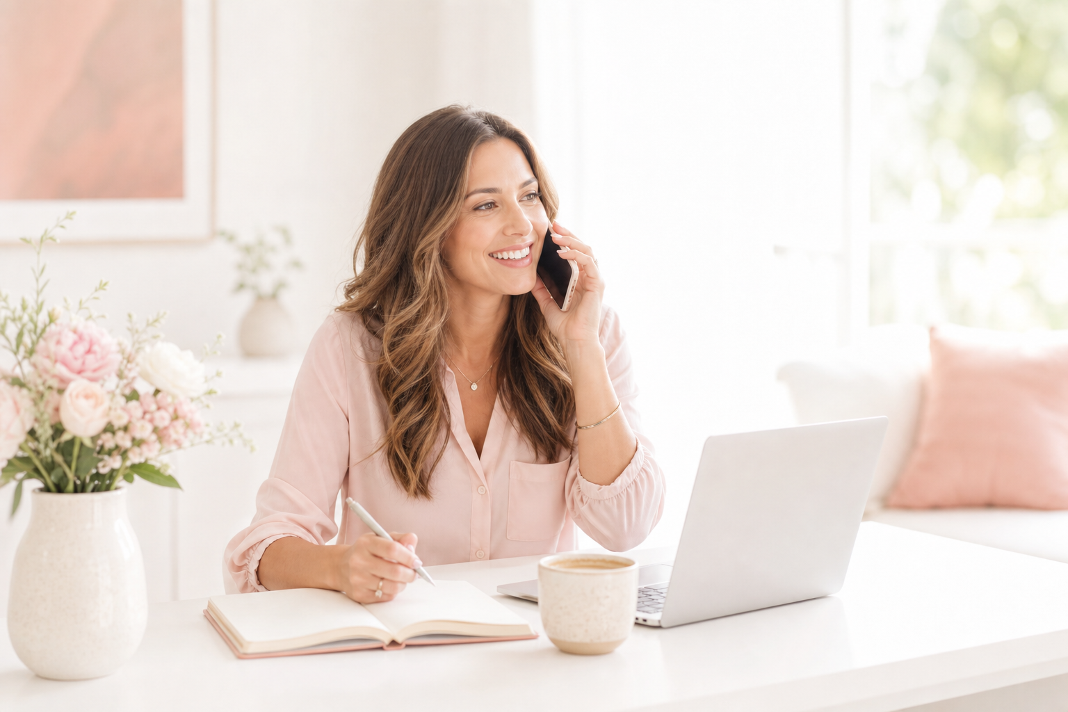 Friendly bookkeeper smiling during a phone call at a bright, flower-filled desk